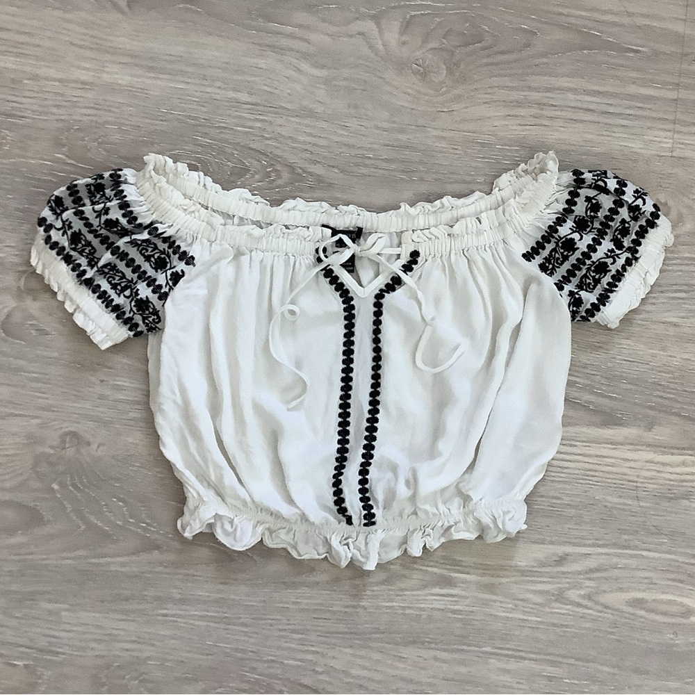 White Off-Shoulder Top with black embroidery